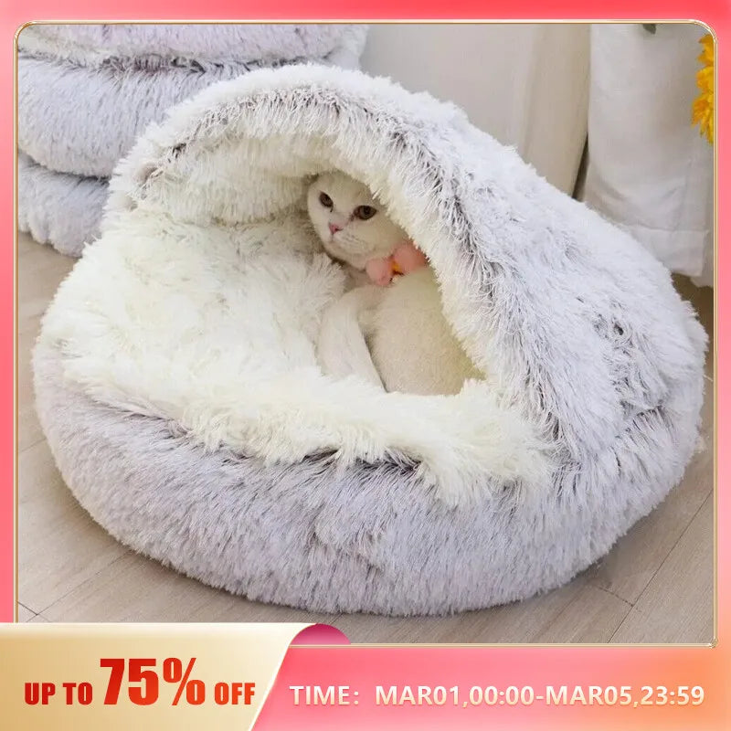 Soft Plush Pet Bed with Cover Round Cat Bed Pet Mattress Warm Cat Dog 2 in 1 Sleeping Nest Cave for Small Dogs